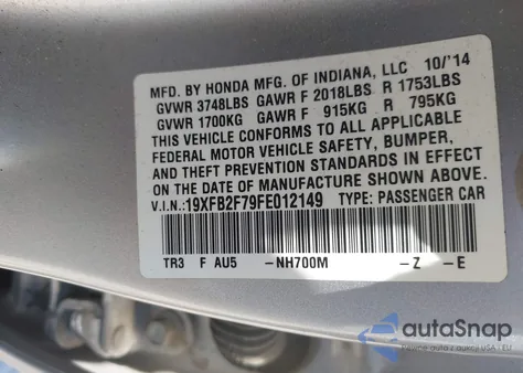 2015 Honda Civic Se из США, поврежденный, VIN 19XFB2F79FE012149